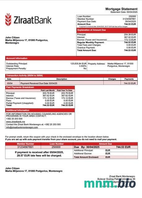 Czarnogóra Ziraat Bank Montenegro wyciąg z kredytu hipotecznego szablon Word i PDF